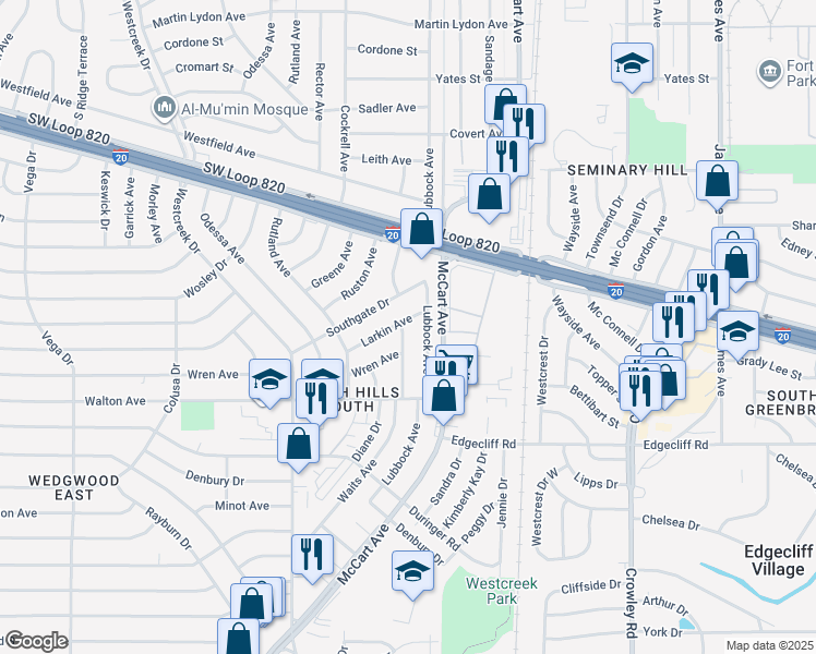 map of restaurants, bars, coffee shops, grocery stores, and more near 2717 Larkin Avenue in Fort Worth
