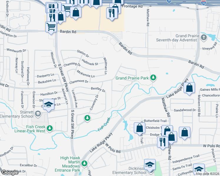 map of restaurants, bars, coffee shops, grocery stores, and more near 4313 Winchester Court in Grand Prairie