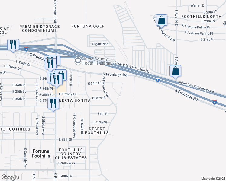 map of restaurants, bars, coffee shops, grocery stores, and more near 11370 Viewpointe Way in Yuma