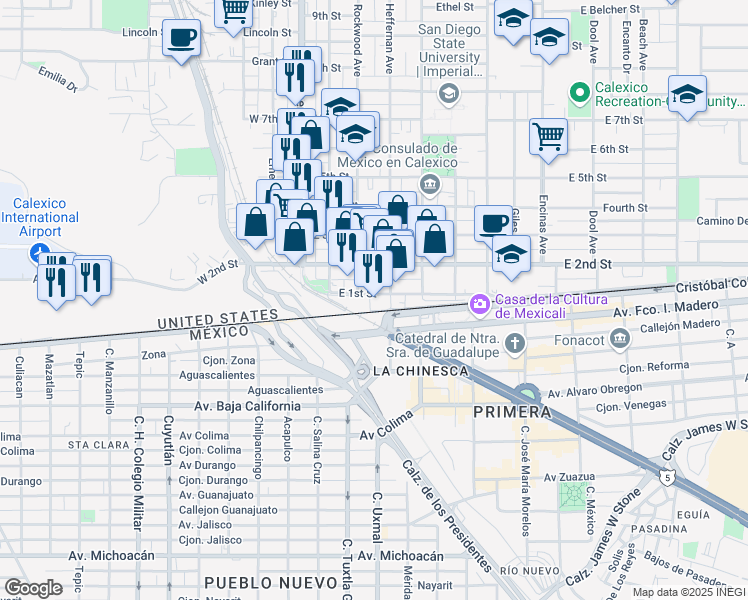map of restaurants, bars, coffee shops, grocery stores, and more near 234 East 1st Street in Calexico