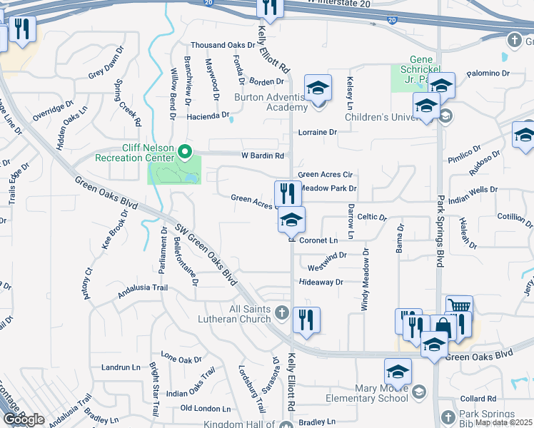map of restaurants, bars, coffee shops, grocery stores, and more near 4349 Green Acres Circle in Arlington