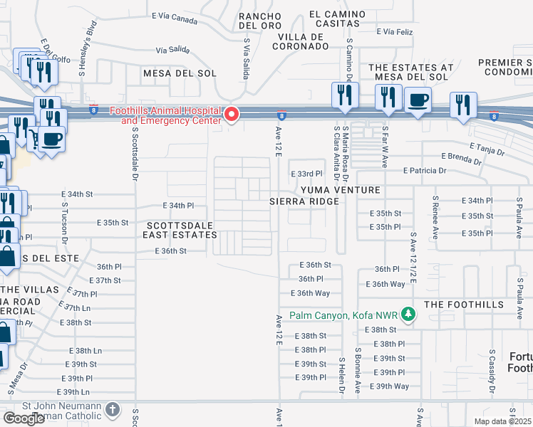 map of restaurants, bars, coffee shops, grocery stores, and more near Avenue 12 E in Yuma