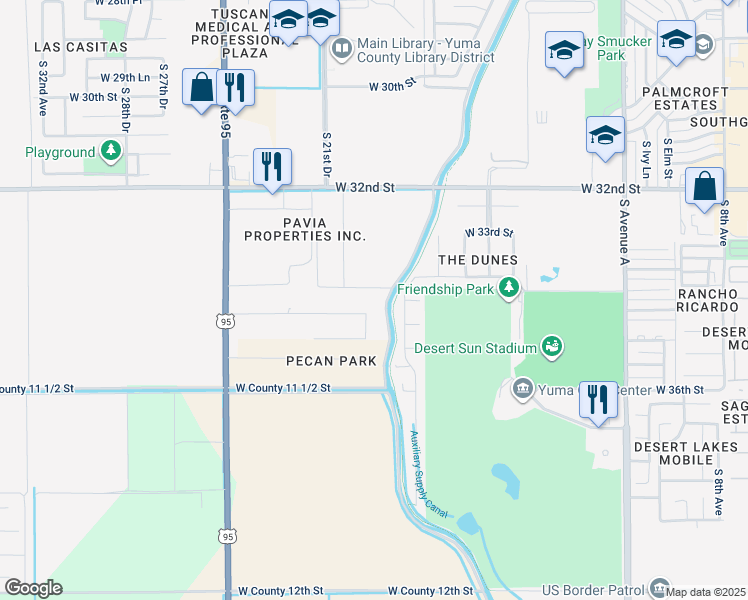 map of restaurants, bars, coffee shops, grocery stores, and more near 1930 W Country Ln in Yuma