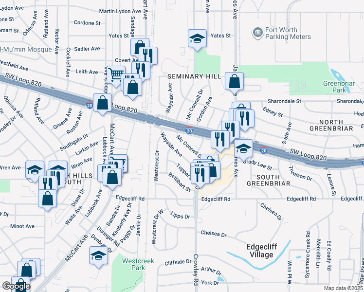 map of restaurants, bars, coffee shops, grocery stores, and more near 5416 Mc Connell Drive in Fort Worth