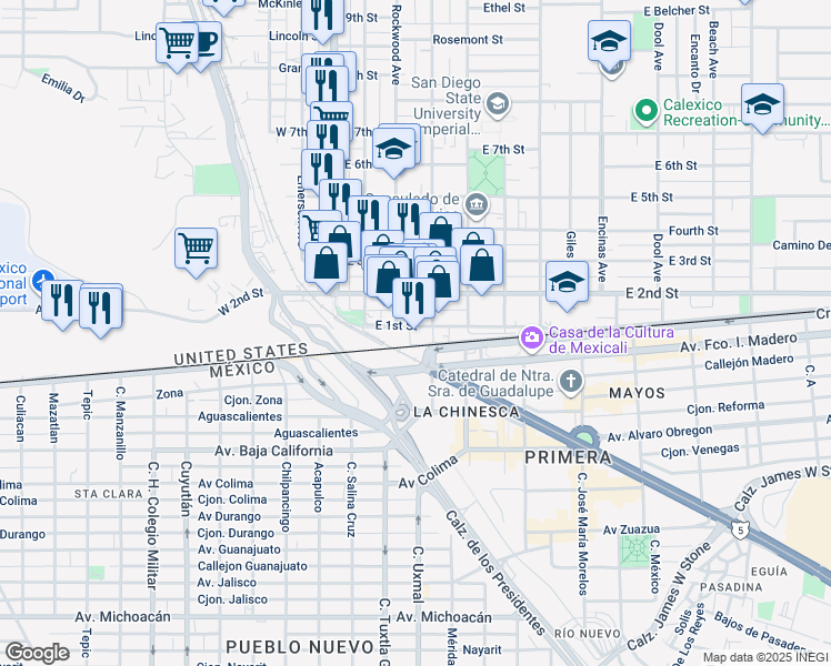 map of restaurants, bars, coffee shops, grocery stores, and more near 234 E 1st St in Calexico