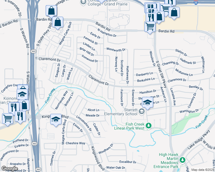 map of restaurants, bars, coffee shops, grocery stores, and more near 4301 Grason Drive in Grand Prairie