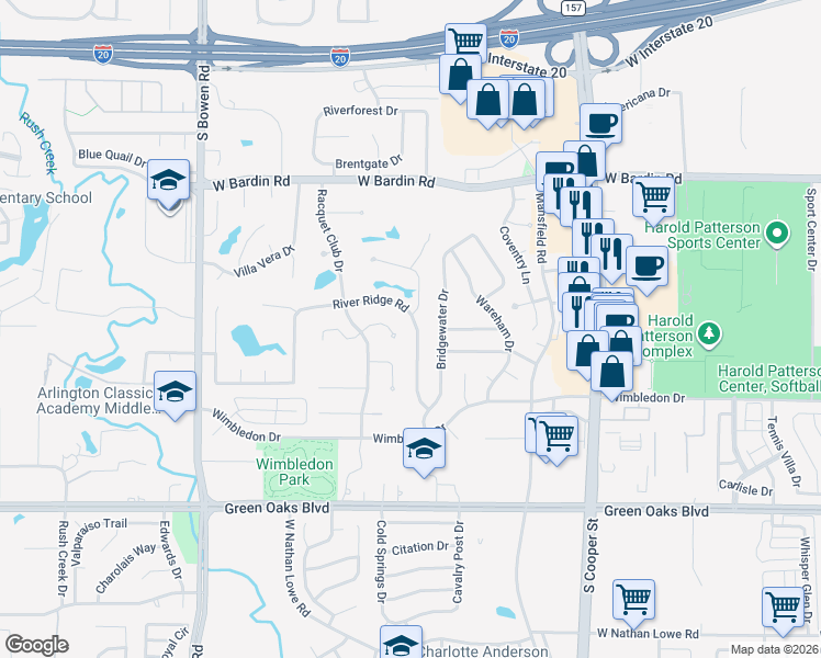 map of restaurants, bars, coffee shops, grocery stores, and more near 5004 River Ridge Road in Arlington