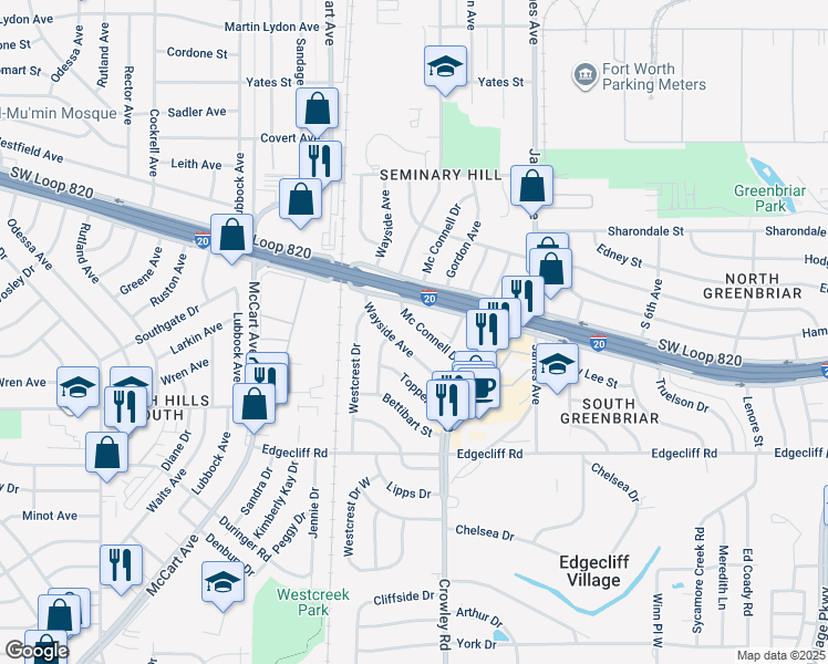 map of restaurants, bars, coffee shops, grocery stores, and more near 5416 Mc Connell Drive in Fort Worth