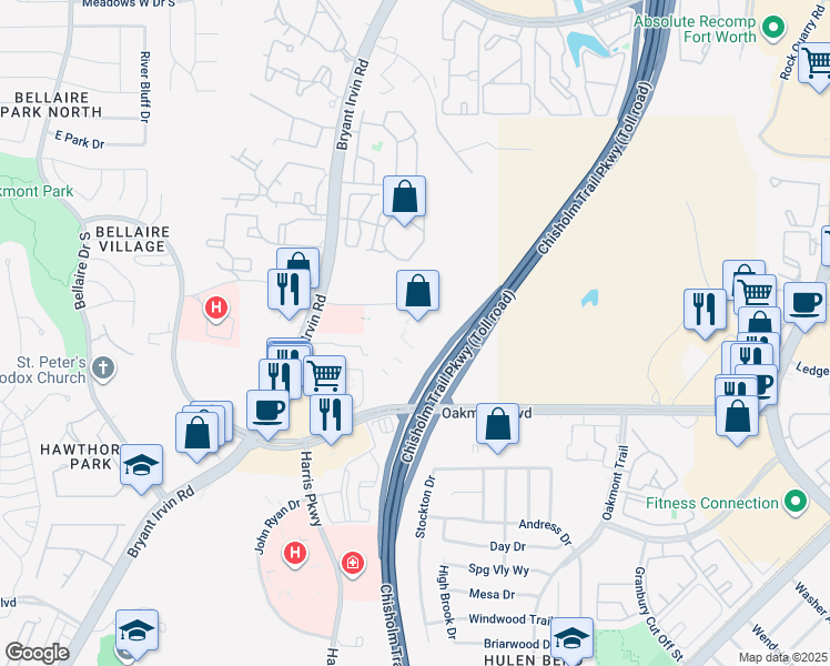 map of restaurants, bars, coffee shops, grocery stores, and more near 5801 Oakbend Trail in Fort Worth