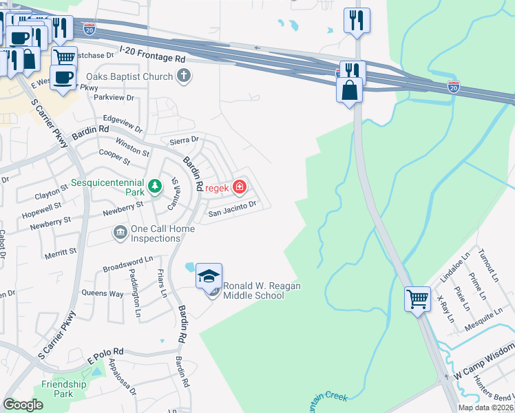 map of restaurants, bars, coffee shops, grocery stores, and more near 883 San Jacinto Drive in Grand Prairie