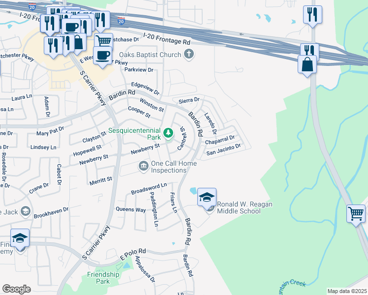map of restaurants, bars, coffee shops, grocery stores, and more near 4377 Carolina Street in Grand Prairie