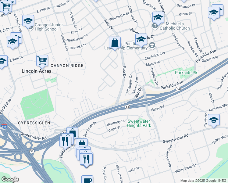 map of restaurants, bars, coffee shops, grocery stores, and more near 5865 Reo Terrace in San Diego