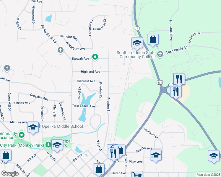 map of restaurants, bars, coffee shops, grocery stores, and more near 1503 Preston Street in Opelika