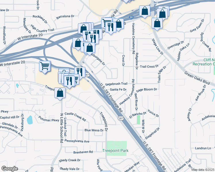map of restaurants, bars, coffee shops, grocery stores, and more near 5930 Sagebrush Trail in Arlington