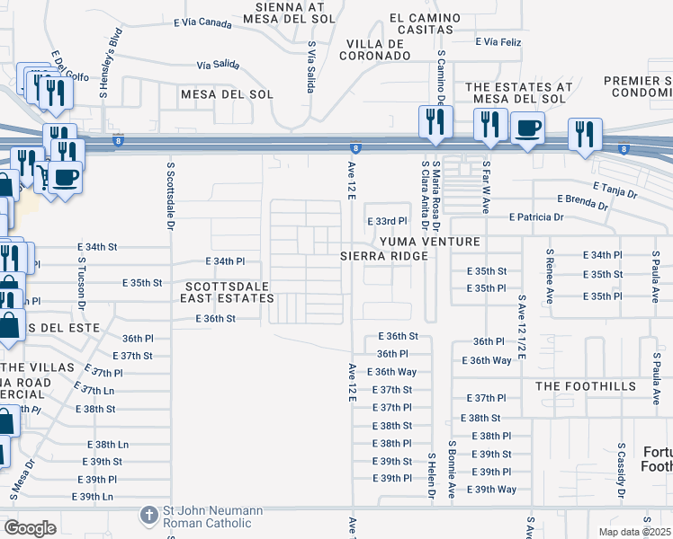 map of restaurants, bars, coffee shops, grocery stores, and more near Avenue 12 E in Yuma