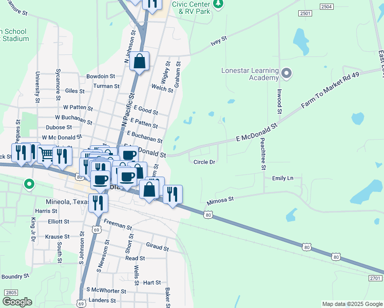 map of restaurants, bars, coffee shops, grocery stores, and more near 105 Circle Drive in Mineola