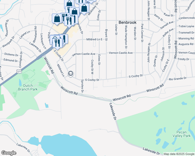 map of restaurants, bars, coffee shops, grocery stores, and more near 1234 Estes Street in Benbrook