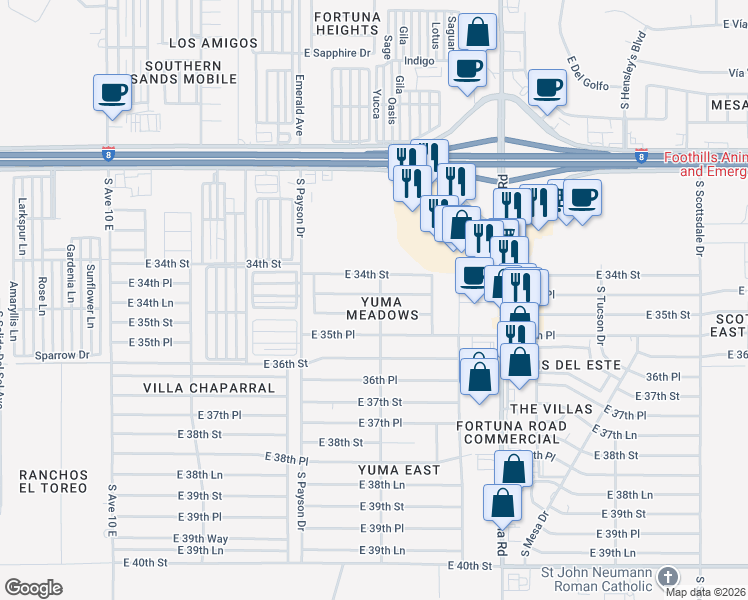 map of restaurants, bars, coffee shops, grocery stores, and more near 10641 East 34th Place in Yuma