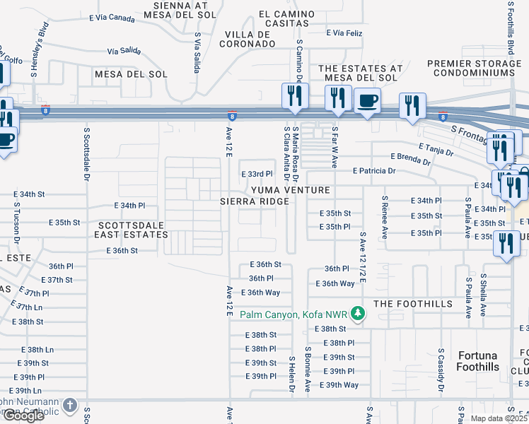 map of restaurants, bars, coffee shops, grocery stores, and more near 11363 Avenida la Primera in Yuma