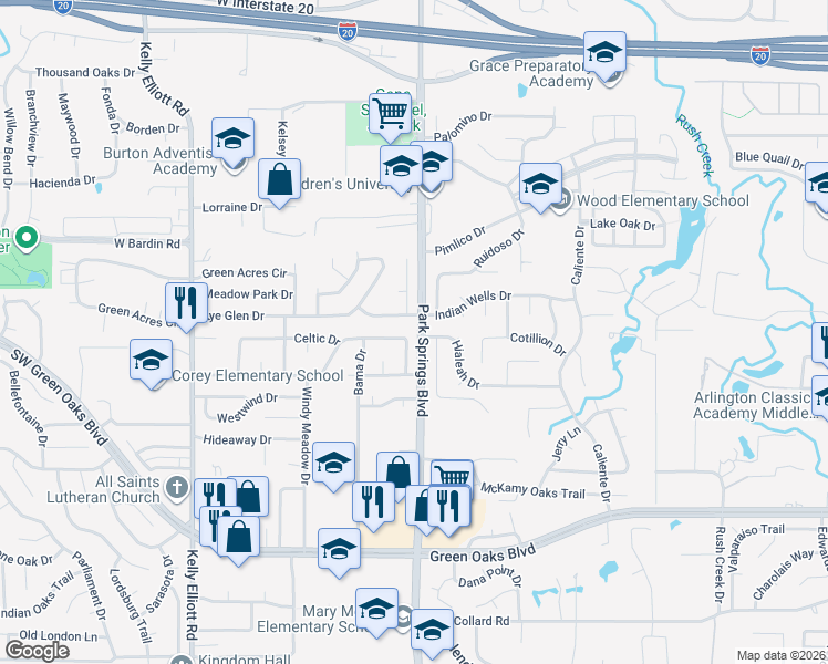 map of restaurants, bars, coffee shops, grocery stores, and more near 3801 Coronet Lane in Arlington