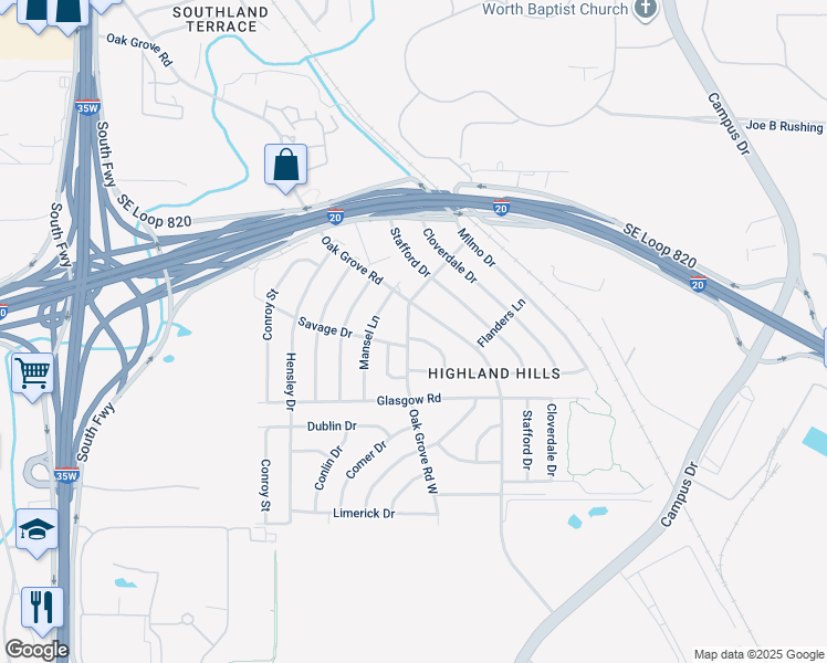 map of restaurants, bars, coffee shops, grocery stores, and more near 1401 Savage Drive in Fort Worth