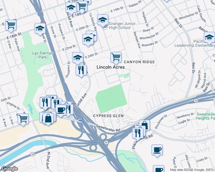 map of restaurants, bars, coffee shops, grocery stores, and more near 2760 Gwynne Avenue in National City