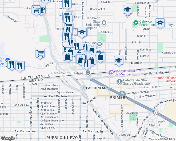 map of restaurants, bars, coffee shops, grocery stores, and more near 244 East 1st Street in Calexico