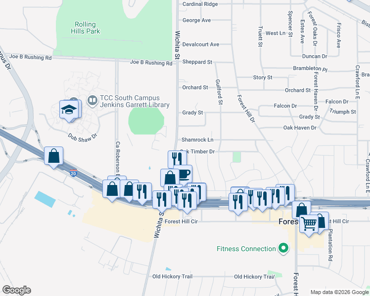 map of restaurants, bars, coffee shops, grocery stores, and more near 3209 Oak Timber Drive in Forest Hill