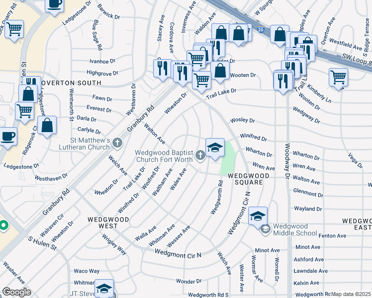 map of restaurants, bars, coffee shops, grocery stores, and more near 5517 Waltham Avenue in Fort Worth