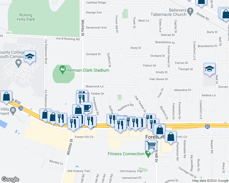 map of restaurants, bars, coffee shops, grocery stores, and more near 3309 Oak Timber Drive East in Forest Hill