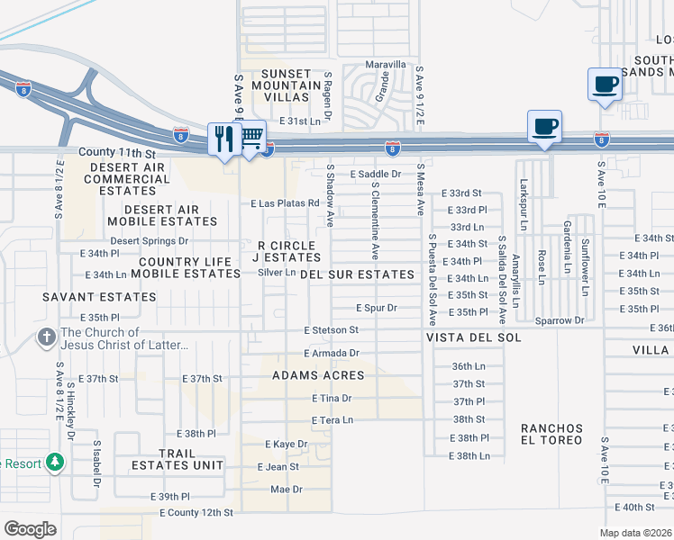 map of restaurants, bars, coffee shops, grocery stores, and more near 11354 S Shadow Ave in Yuma