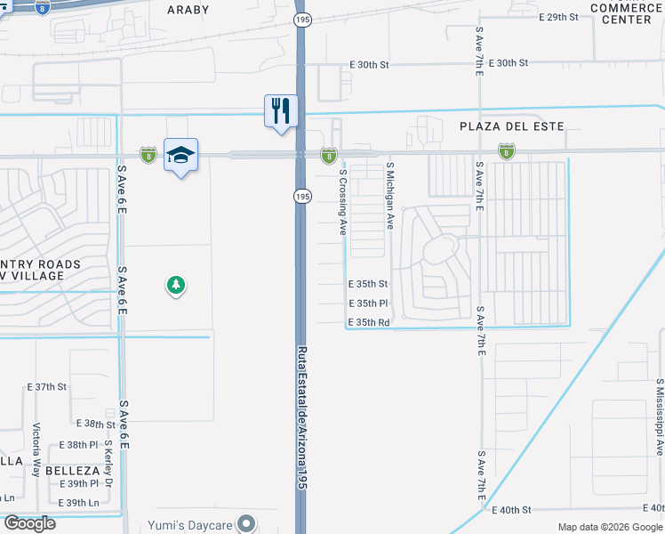 map of restaurants, bars, coffee shops, grocery stores, and more near 6545 East 34th Lane in Yuma