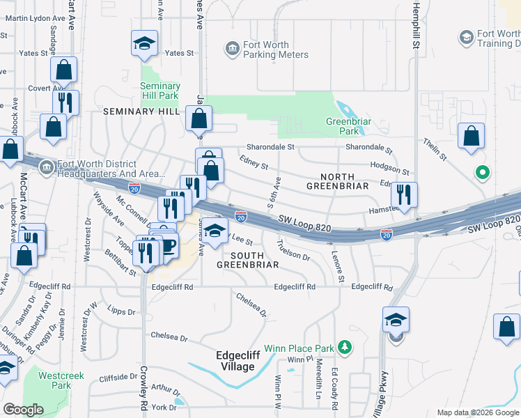 map of restaurants, bars, coffee shops, grocery stores, and more near 1400 California Parkway North in Fort Worth