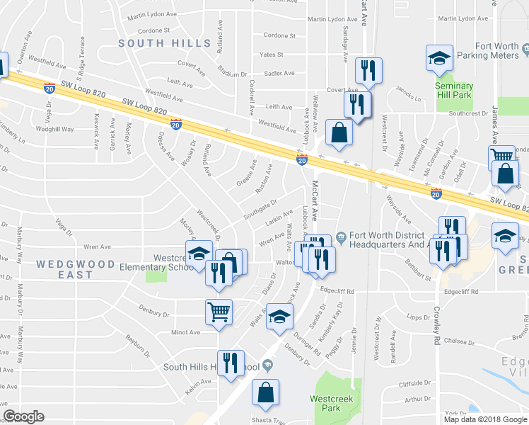 map of restaurants, bars, coffee shops, grocery stores, and more near 2829 Southgate Dr in Fort Worth