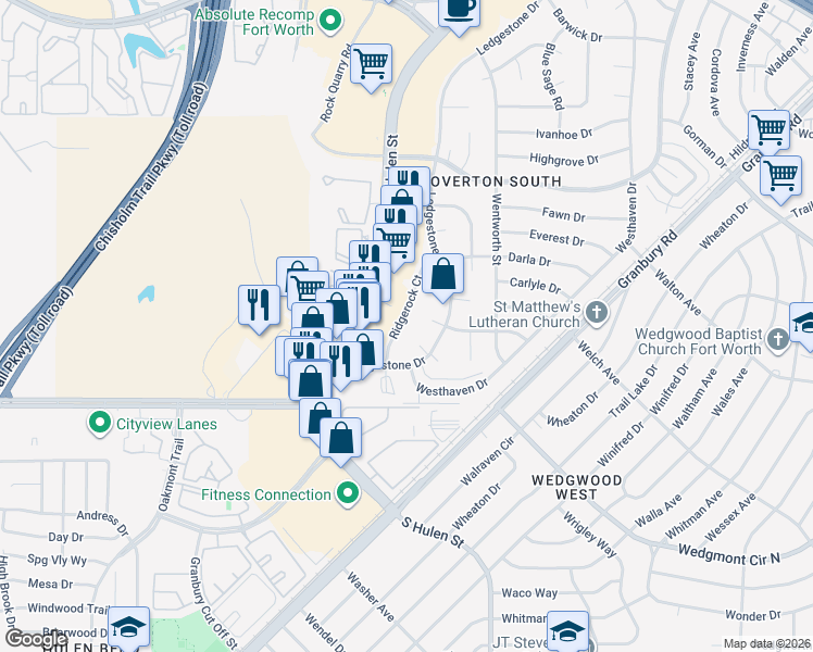 map of restaurants, bars, coffee shops, grocery stores, and more near 5714 Ridgerock Court in Fort Worth
