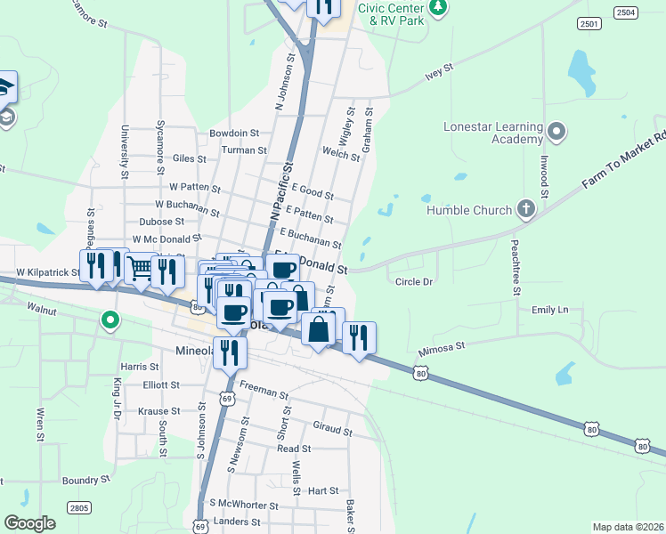 map of restaurants, bars, coffee shops, grocery stores, and more near 415 East McDonald Street in Mineola