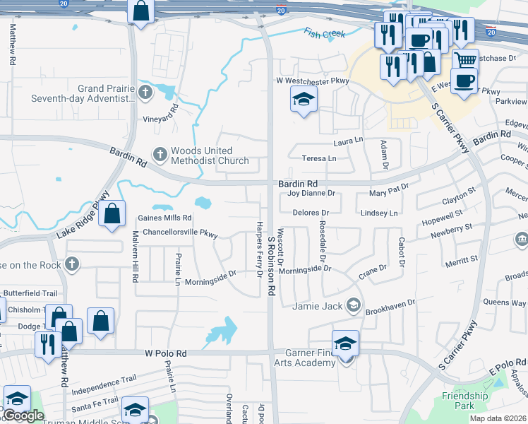 map of restaurants, bars, coffee shops, grocery stores, and more near 4410 Harpers Ferry Drive in Grand Prairie