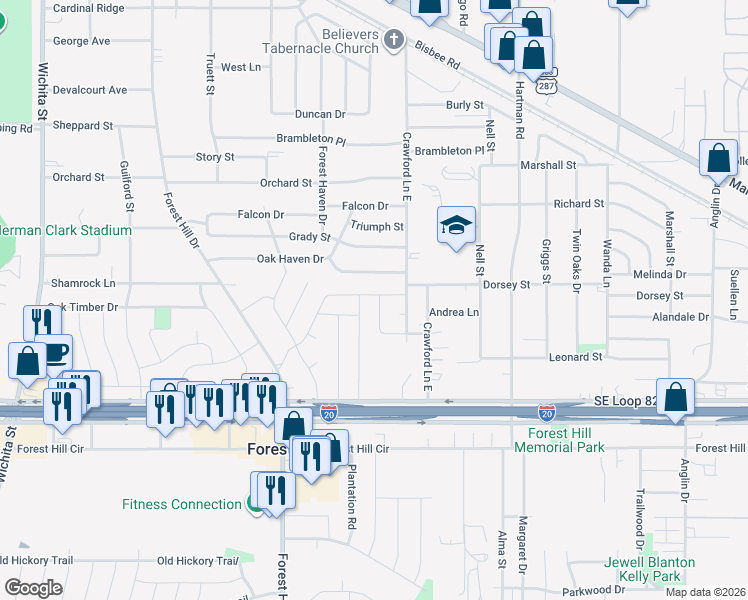 map of restaurants, bars, coffee shops, grocery stores, and more near 6400 David Lane in Forest Hill