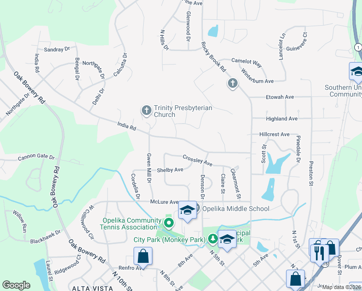 map of restaurants, bars, coffee shops, grocery stores, and more near 701-1099 India Road in Opelika