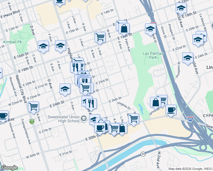 map of restaurants, bars, coffee shops, grocery stores, and more near 1121 East 24th Street in National City