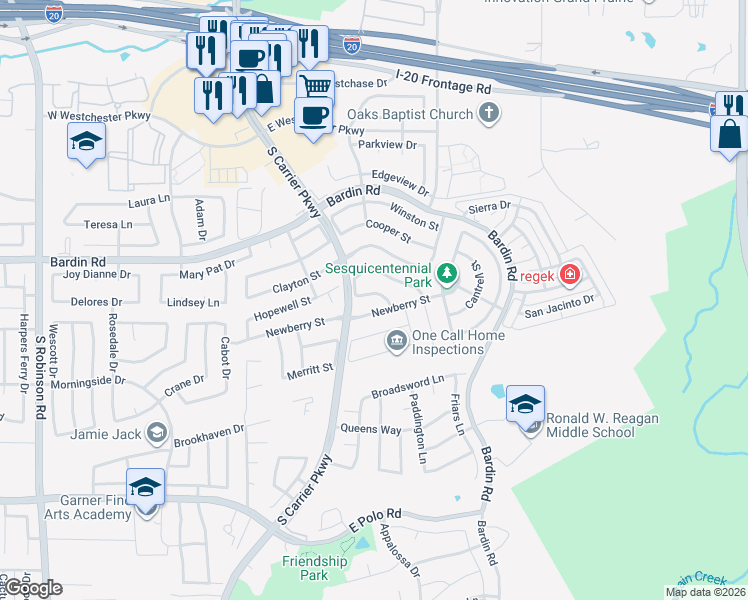 map of restaurants, bars, coffee shops, grocery stores, and more near 527 Goodwin Drive in Grand Prairie