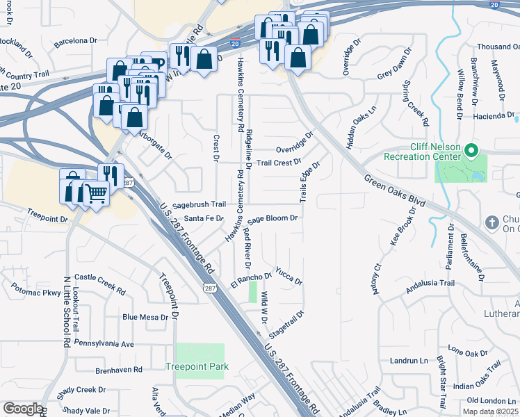 map of restaurants, bars, coffee shops, grocery stores, and more near 5726 Sagebrush Trail in Arlington