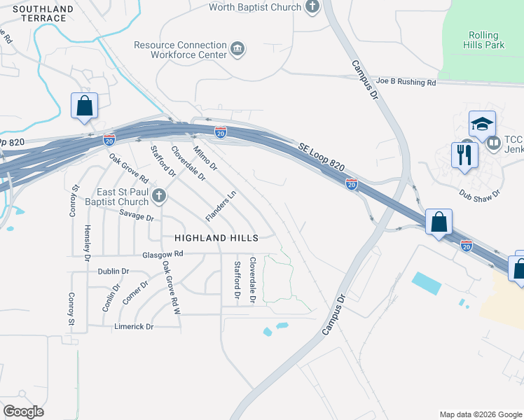 map of restaurants, bars, coffee shops, grocery stores, and more near 1533 Milmo Drive in Fort Worth