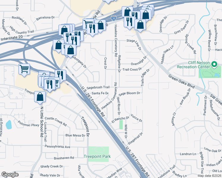 map of restaurants, bars, coffee shops, grocery stores, and more near 5804 Sagebrush Trail in Arlington