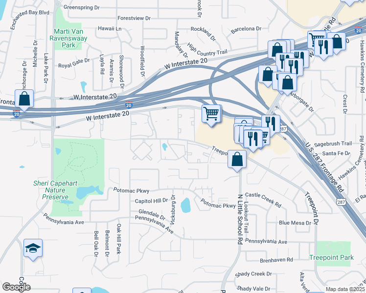 map of restaurants, bars, coffee shops, grocery stores, and more near 6606 Sprucewood Lane in Arlington