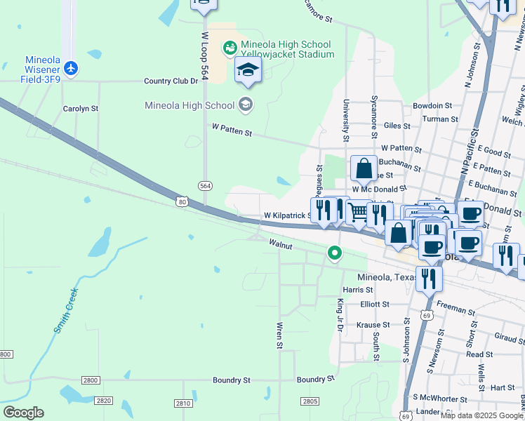 map of restaurants, bars, coffee shops, grocery stores, and more near 662 West Kilpatrick Street in Mineola