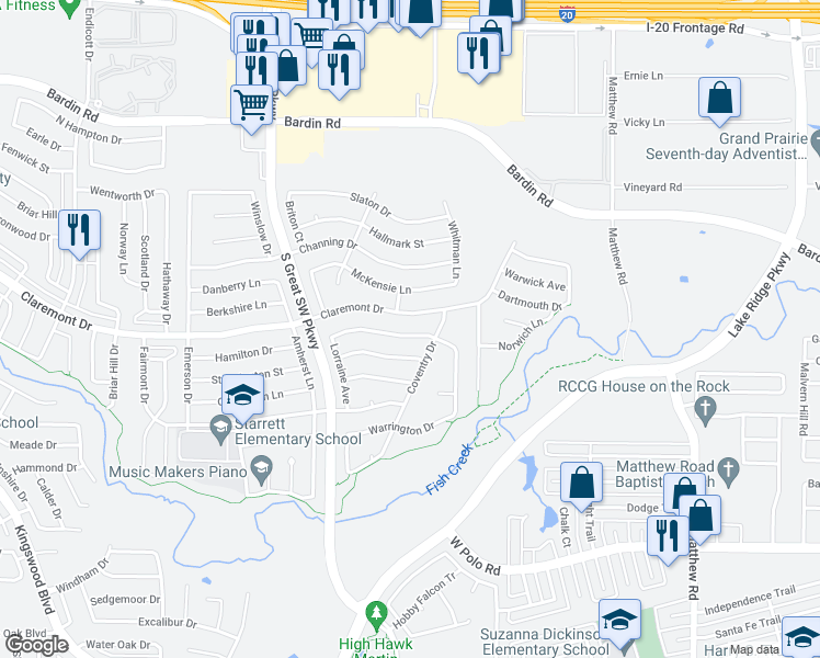 map of restaurants, bars, coffee shops, grocery stores, and more near 2418 Bentley Drive in Grand Prairie