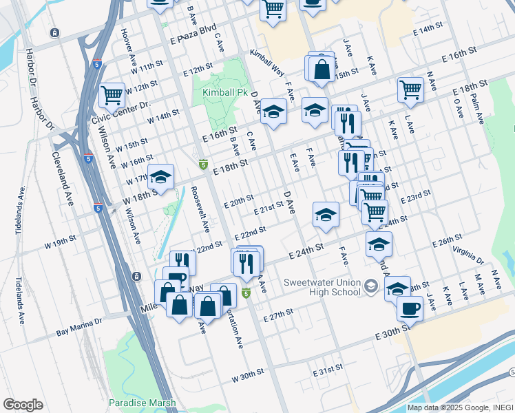 map of restaurants, bars, coffee shops, grocery stores, and more near 2031 B Avenue in National City
