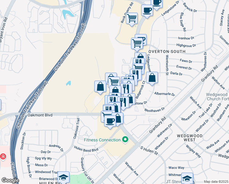 map of restaurants, bars, coffee shops, grocery stores, and more near 5756-5768 Oakleaf Drive in Fort Worth