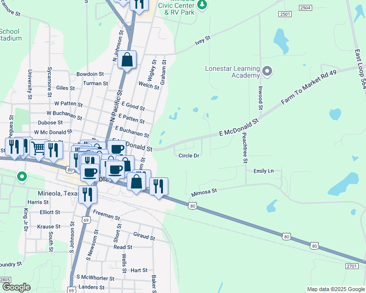 map of restaurants, bars, coffee shops, grocery stores, and more near 105 Circle Drive in Mineola